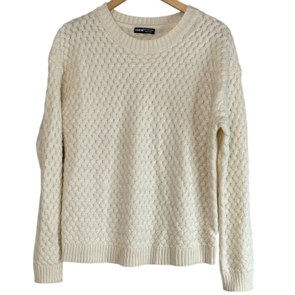 Shein Cream Basket Weave Knit Crew Neck Sweater Soft Long Sleeve L 8/10 - Picture 10 of 10